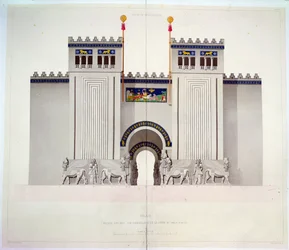 Reconstrução da entrada do palácio de Sargão II (721-705 a.C.) em Khorsabad, Iraque, 1867